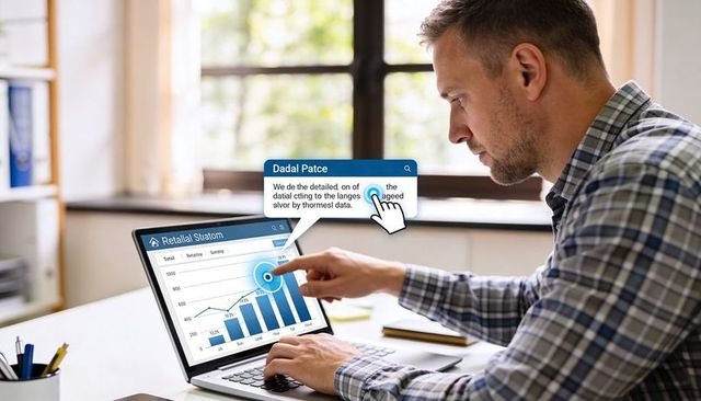 Male analyst pointing at laptop chart with interactive analytics dashboard and data popup