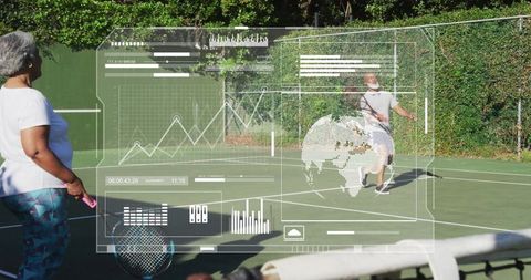 Tennis Players on Court with Digital Performance Analytics Overlay