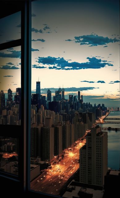 This image features a breathtaking urban skyline at dusk, with city streets illuminated beneath tall skyscrapers. The warm glow of streetlights contrasts with the darkening sky and provides an enchanting ambiance. Ideal for use in travel promotions, urban lifestyle blogs, city planning presentations, and real estate marketing.