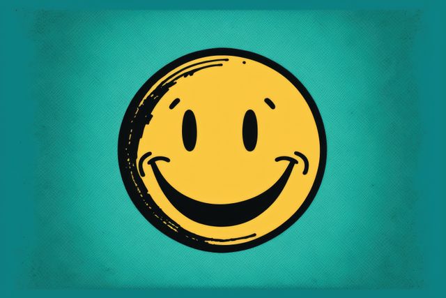 Retro yellow smiley face graphic on vibrant turquoise background is perfect for posters, t-shirts, greeting cards, and social media. Bold and cheerful pop art design adds fun to any project.