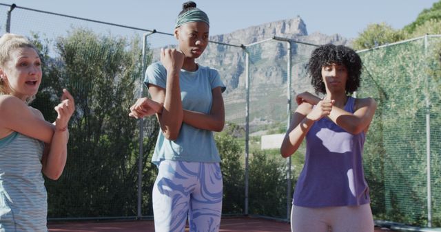 Group of Women Stretching on Outdoor Tennis Court on Sunny Day - Download Free Stock Images Pikwizard.com