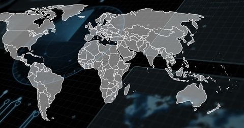 Global Network Map Overlay on Futuristic Digital Dashboard Showing Data Flow and Analytics