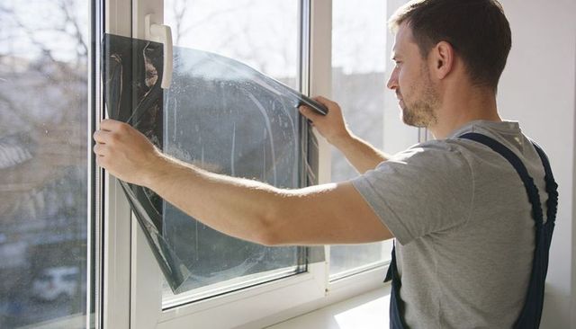 Applying window tint film with squeegee by technician in bright home interior