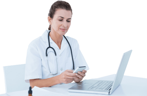 Transparent Female Doctor Using Smartphone with Laptop in Office - Download Free Stock Videos Pikwizard.com