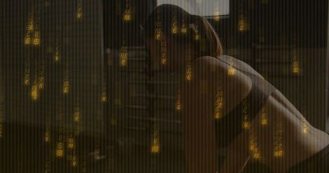 Backlit fitness silhouette leaning by window with golden currency glyphs and scanlines