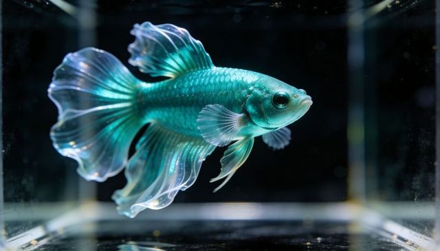 Teal iridescent betta fish gliding and fanning translucent fins in glass aquarium