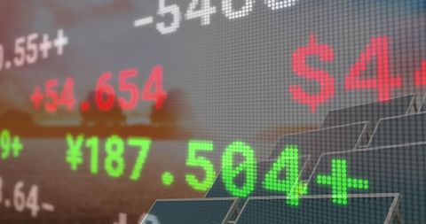 Financial Data Graphs Over Solar Panels, Green Energy Concept