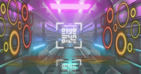 futuristic qr code in neon circle tunnel with digital interface - Download Free Stock Images Pikwizard.com