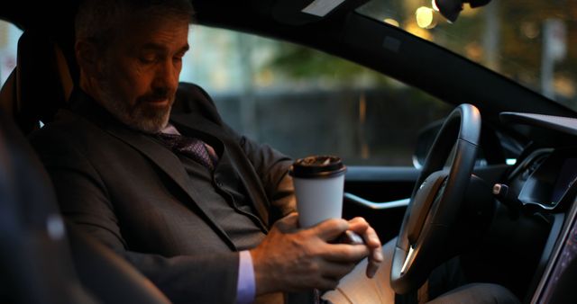 Businessman in suit holding coffee, sitting in car preparing for morning commute. Depicts a routine work morning, emphasizing preparation and focus. Ideal for use in business contexts, transportation services, coffee brands, and lifestyle promotions.