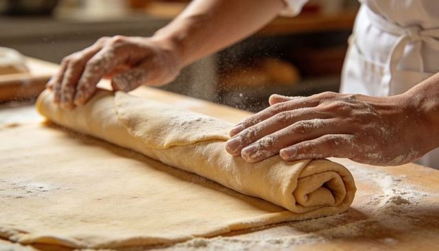 Artisanal baker rolling laminated pastry log on wooden bench dusting flour