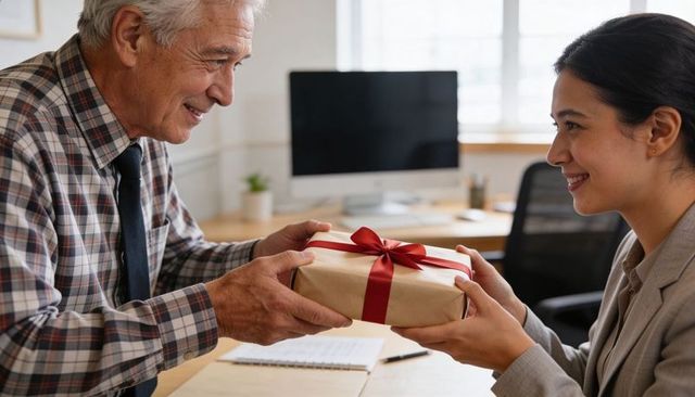 Older male colleague handing wrapped gift to smiling female coworker in modern office