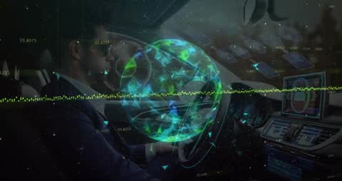 Executive Driving Futuristic Car with Holographic Globe HUD and Live Data Waveform Display