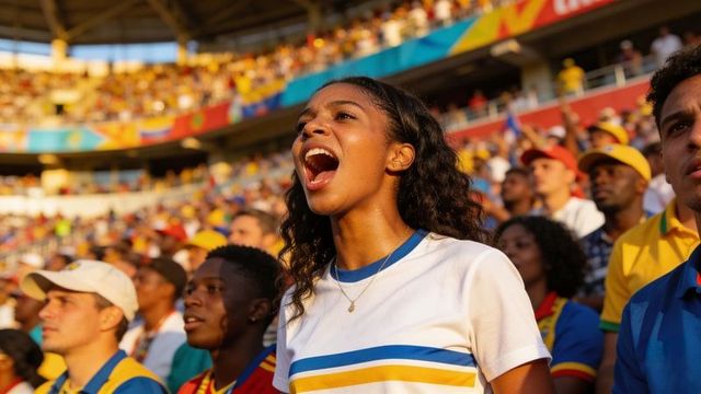 Young woman cheering passionately in sunlit stadium crowd during live sports event