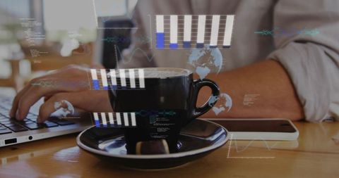 Typing professional wearing rolled sleeves working on laptop with coffee and AR data overlays