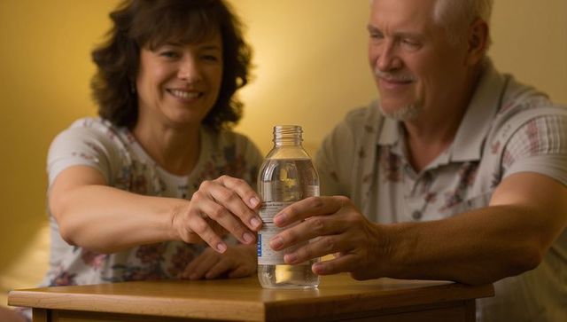 Mature couple sharing water bottle on wooden nightstand, smiling, intimate home moment