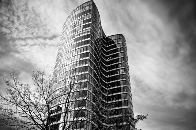 This black and white depiction of a modern skyscraper against a cloudy sky highlights urban architectural design. The presence of the tree adds a natural element to the contemporary scene. Suitable for illustrating themes of modernity, urbanization, business districts, real estate developments, and architectural studies.