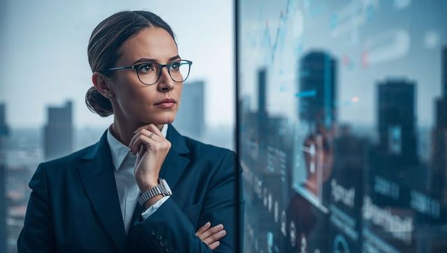 Female executive analyzing financial charts on glass wall with city skyline reflection