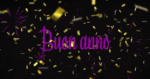 buon anno in vivid pink text surrounded by fireworks and golden confetti captures the festive spirit of new year celebrations. perfect for new year invitations, party promotions, or greeting cards for italian audiences. the vibrant colors convey joy and energy, making this suitable for diverse new year events.