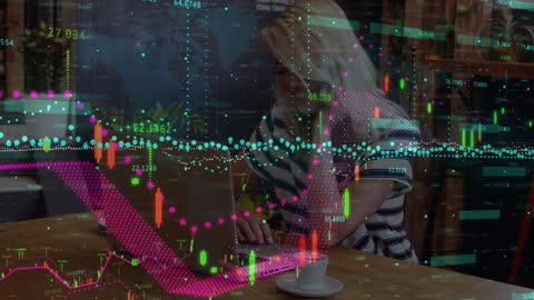 Woman Engaging with Financial Data on Smartphone Amid Analytics Display