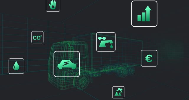 Floating Eco Icons Over Truck Blueprint Highlighting Green Energy and Technology - Download Free Stock Images Pikwizard.com