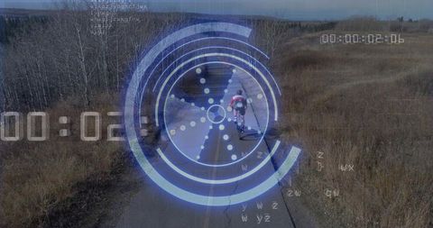 Teen cyclist riding road bike on cracked rural road with blue HUD telemetry overlay