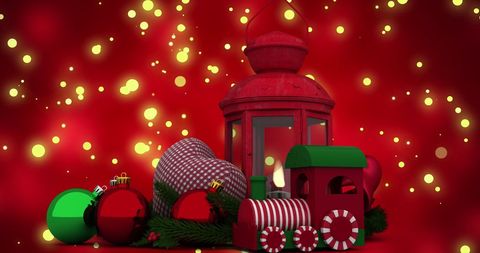 Festive christmas decorations with red lantern and ornaments