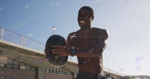 Athletic Man Engaging in Outdoor Fitness with Digital Overlay