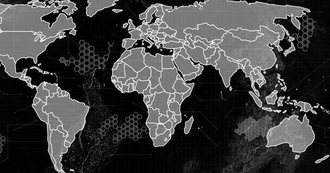 Futuristic Digital World Map with Hex Grid Interface
