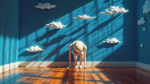 An athlete bows on a wooden floor amid vibrant blue walls accented with fluffy cloud sculptures casting shadows. This visually striking moment captures a balance of introspection, mindfulness and shyness, evoking contemporary themes of solitude and the quiet strength of being shy in focused moments. Perfect for use in wellness campaigns, design magazines, or concept art exploring themes of abstraction and meditative states.