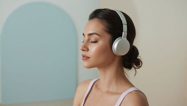 Serene woman listening to music with silver wireless headphones in minimalist pastel studio