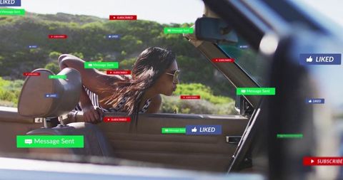 Woman Enjoying Convertible Ride Surrounded by Social Media Icons