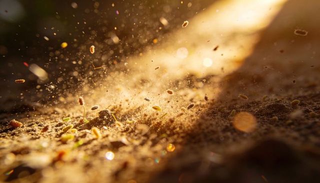 Sandy soil glowing with drifting dust and sprouting seedlings in golden light
