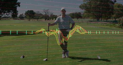 Golfer Analyzing Swing with Data Overlay at Tee Box