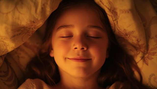 Sleeping child smiling under warm lamp glow with patterned duvet and cozy bedding