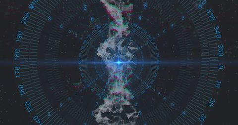 Vertical digital particle column pulsing through futuristic hud with blue starburst center