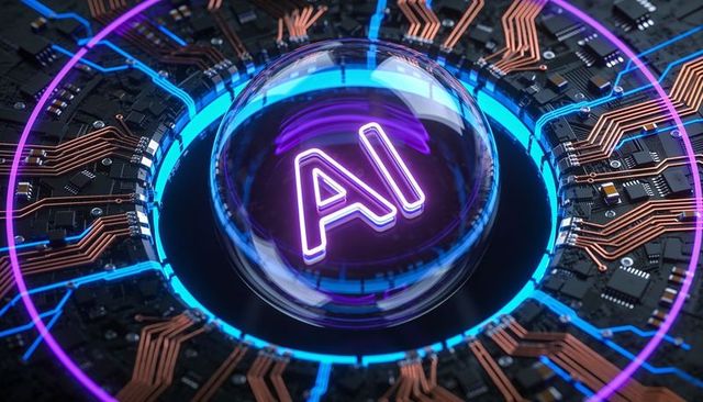 Glowing ai orb sitting in circuit hub with neon cyan-magenta rings and copper traces