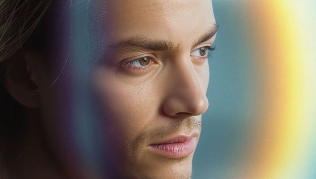 Thoughtful young man gazing aside with colored bokeh light and soft gradient portrait
