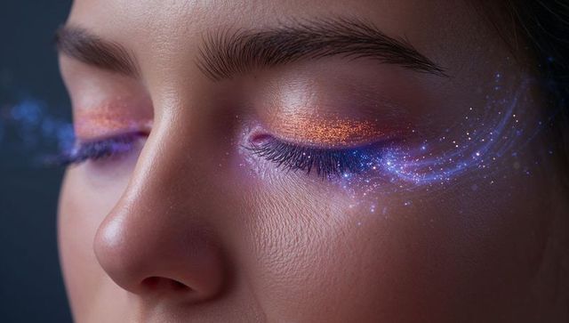 Woman wearing cosmic metallic eye makeup with orange shimmer and violet glitter trail