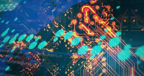 Glowing neon circuit traces with biometric fingerprint overlay representing cybersecurity