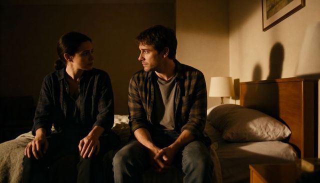Couple sitting on bed in dim motel room talking under warm lamp light quiet late-night talk