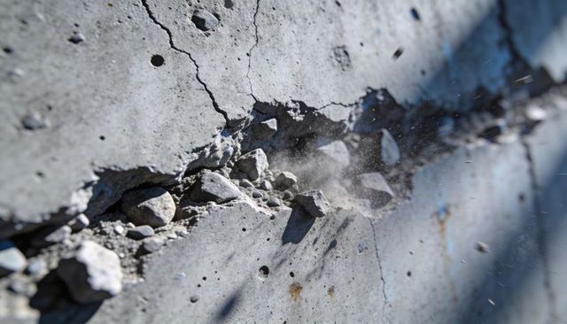 Crumbling Concrete Parapet Revealing Cracks, Loose Gravel and Airborne Dust on Bridge