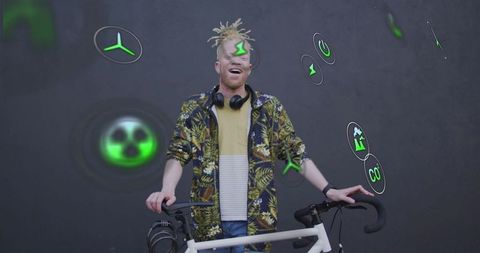Young urban cyclist holding white road bike with glowing green sustainability icons overlay