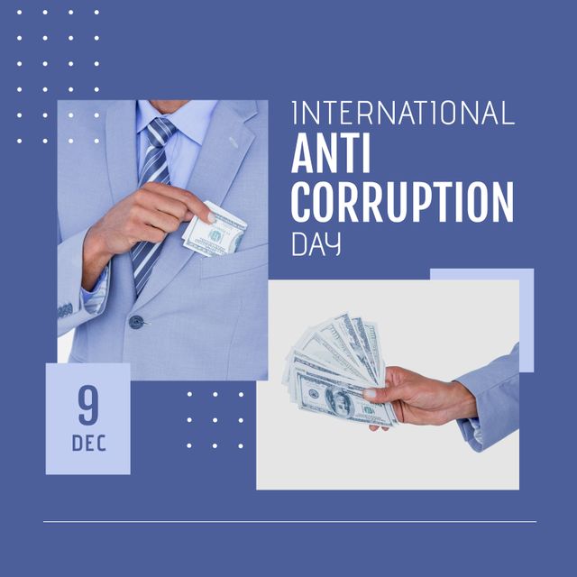 Collage of dec 9 and international anti corruption day text with businessmen holding dollar bills. Copy space, business, crime, social issues, bribe, awareness and prevention concept.