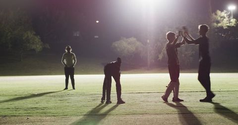 Night cricket teammates celebrating under floodlights on urban park grass pitch