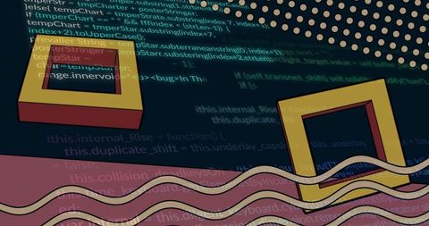 Futuristic digital canvas with 3d yellow frames and code