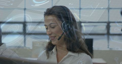 Customer service representative working with technology overlay
