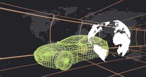 Neon Wireframe Supercar Racing Through Virtual Tunnel Mapping Global Data Streams and AI