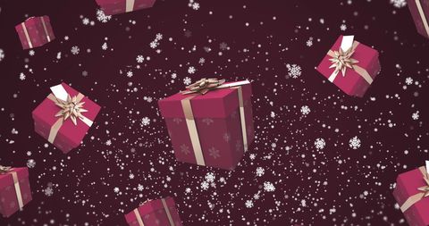 Falling Presents and Snowflakes on Festive Red Background