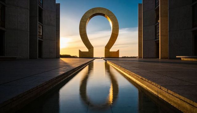 Sunset omega monument reflecting in narrow reflective pool between brutalist concrete towers
