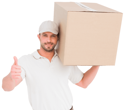 Delivery man offering transparent customer service with cardboard box